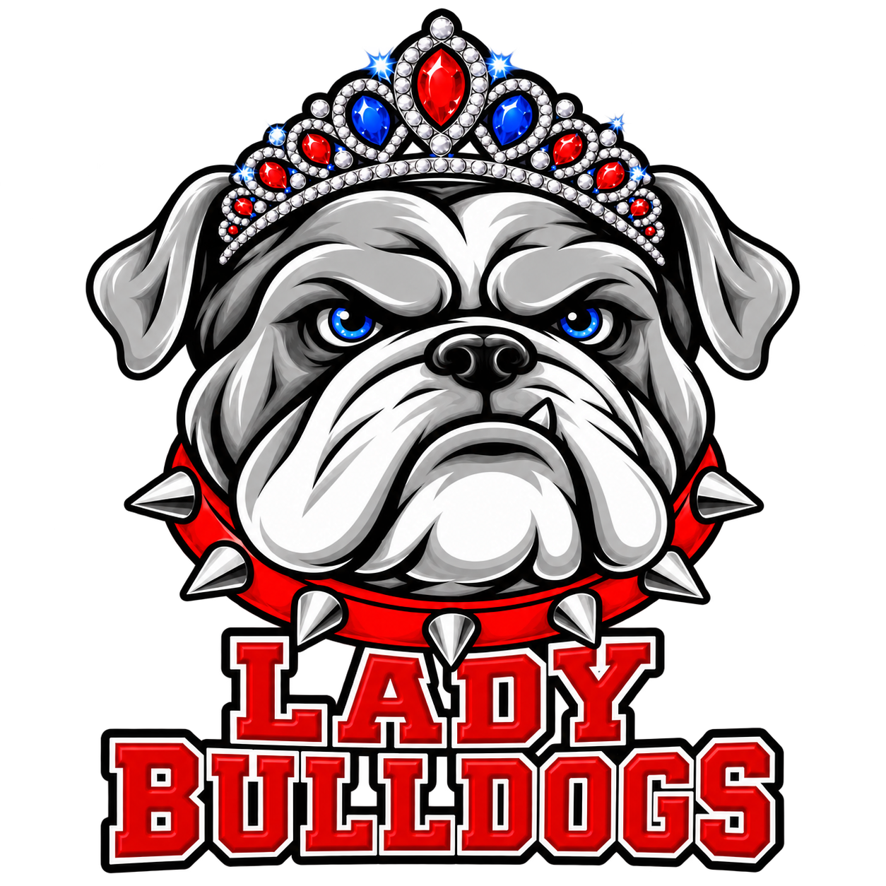 Lady Bulldogs — crowned bulldog with red varsity lettering