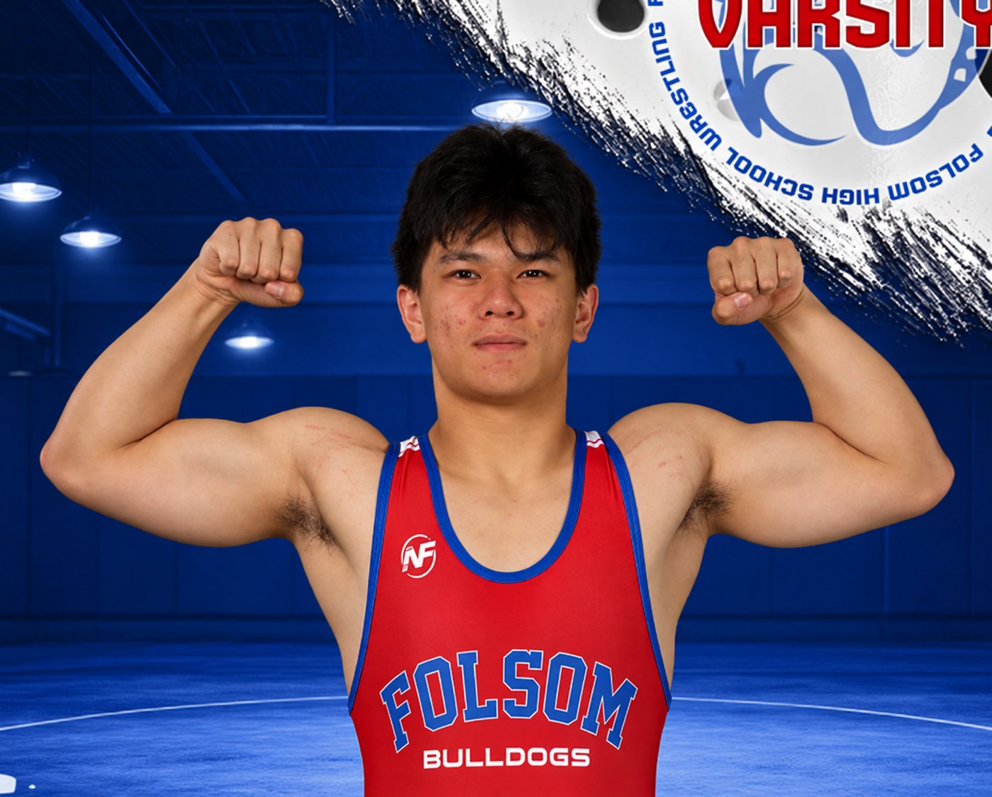 Phuc Nguyen flexing, 2025–2026 varsity wrestling, 157 pounds